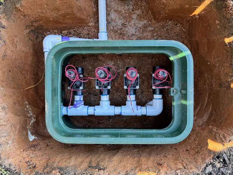 Four new irrigation valves on a PVC manifold inside a green valve box during installation